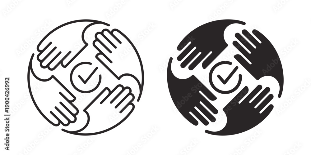 Obraz premium Hands collaboration icon. Representing teamwork, support, unity, and a shared goal in outline and solid icons.