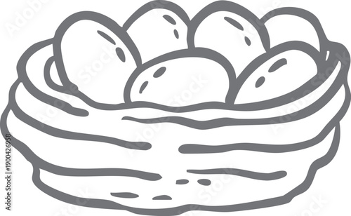Bird nest with eggs vector graphic illustration. Whimsical hand drawn outline illustration for springtime, food design. Easter symbol for greeting card. Isolated doodle for holiday egg hunt invitation