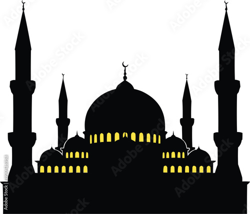 described is a silhouette of a mosque, characterized by its striking architectural features and the use of light to create a warm, inviting atmosphere