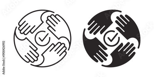 Hands collaboration icon. Representing teamwork, support, unity, and a shared goal in outline and solid icons.