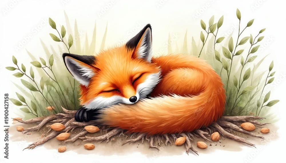 Fototapeta premium Small fox sleeps curled in nest of twigs and nuts. Gentle watercolor painting shows orange fur, green leaves, white background. Cute wild animal rests peacefully.