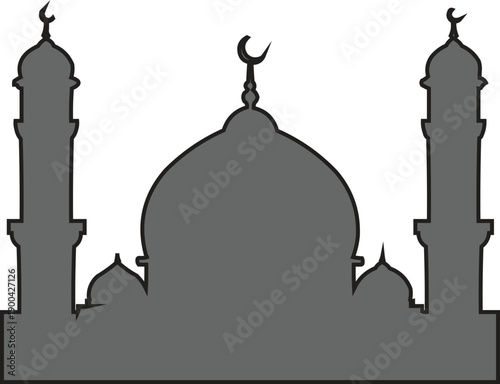  described features a gray silhouette of a mosque against a white background, showcasing key architectural elements that are significant in Islamic culture