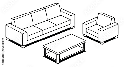 Isometric line art furniture set featuring a sofa, an armchair, and a coffee table for home interior design