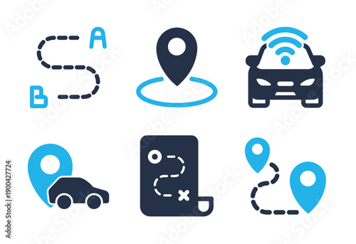 Route Planning and Transportation icon set. Solid glyph series icons