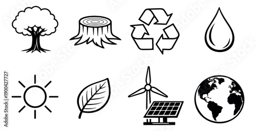 Line art ecology icon set featuring a tree, sun, water drop, and earth for environmental and sustainability concepts