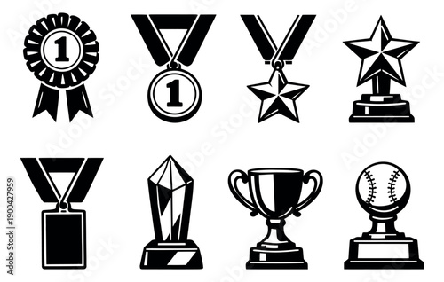 Clip art awards and trophies set featuring various medals, rosettes, cups, and star trophies for competition and recognition