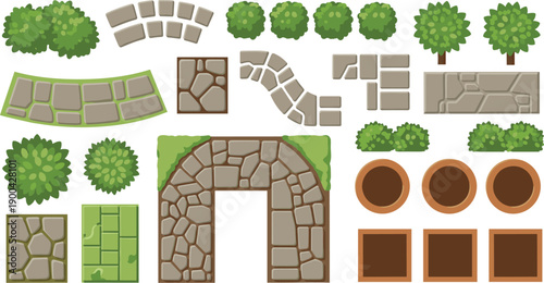 Collection of garden elements including stone pathways, archway, trees, and planters in a landscape design