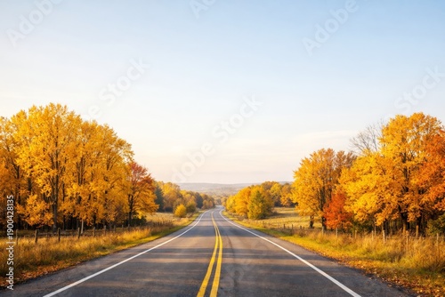 Scenic highway through vibrant autumn forest with golden trees and clear blue sky