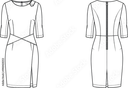Women fitted dress fashion technical illustration front and back view pencil silhouette garment design flat vector drawing isolated on white background