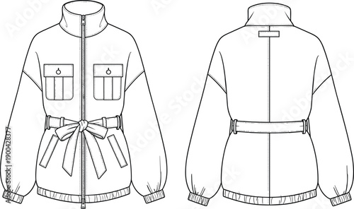 Women utility jacket technical fashion illustration front and back view with belt pockets zipper line art design apparel outerwear pattern sketch