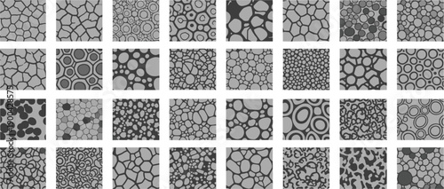 Collection of diverse black and white abstract geometric patterns displayed in a grid arrangement viewed from directly above