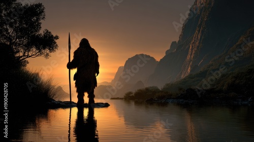 A caveman stands at the edge of a river holding a wooden spear, silhouetted against a warm sunrise