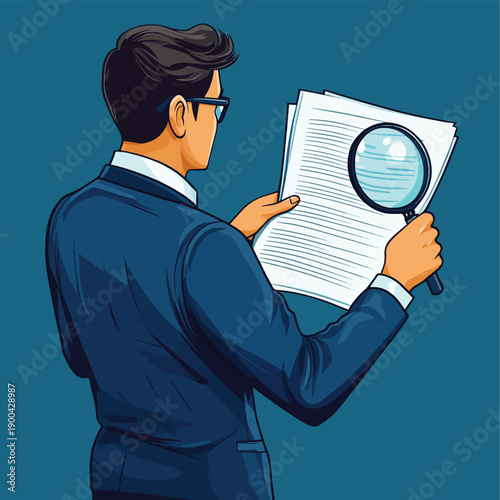 Employer with magnifying glass exploring application papers , vector style simple color