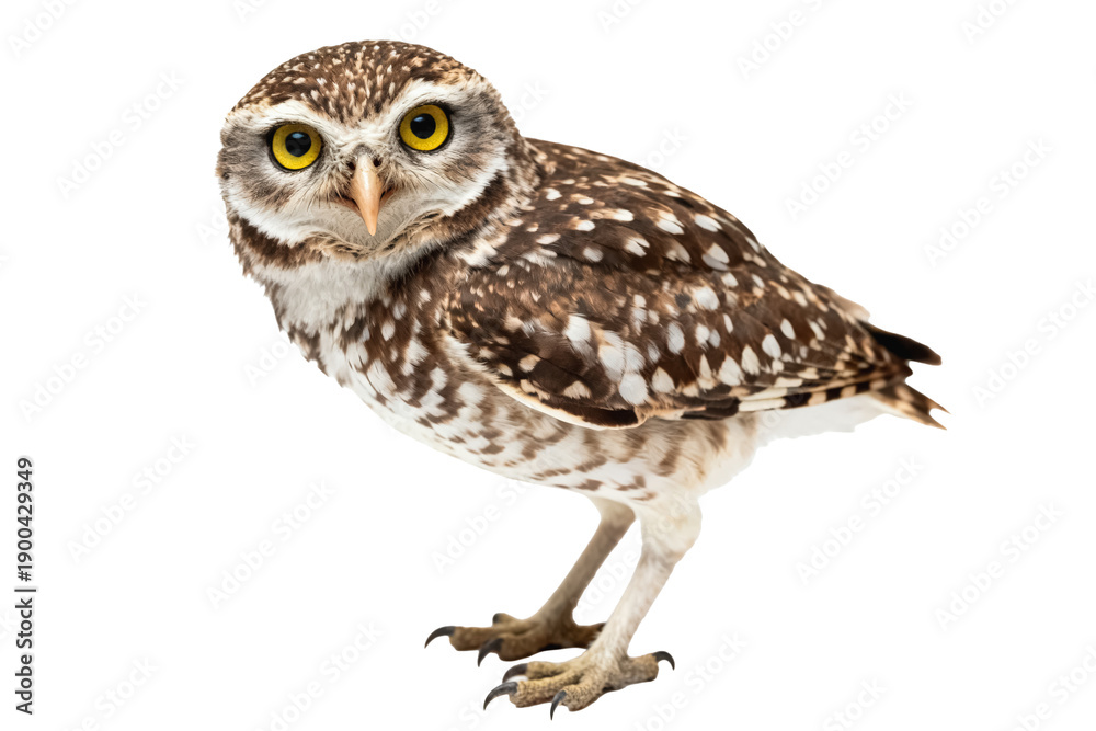 Obraz premium Burrowing Owl with Spotted Brown Plumage and Yellow Eyes