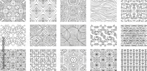 Collection of intricate black and white patterns and designs displayed in a grid layout