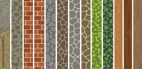 A collection of various textured materials including stone, brick, and wood, arranged side by side in a vertical strip pattern, showcasing different patterns and designs from a close-up viewpoint.