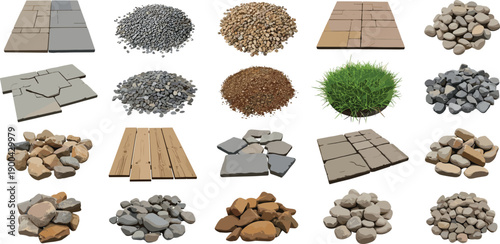 Variety of landscaping materials and textures displayed in a grid on a neutral background from a top-down viewpoint