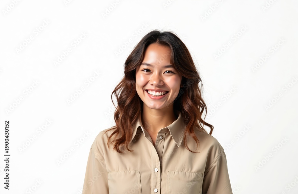 Fototapeta premium Young happy woman with brown hair smiles brightly in studio. Casual outfit, neutral background. Authentic, positive expression conveys warmth, approachable personality. Good for many uses.
