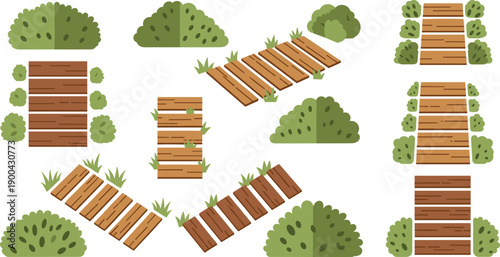 Aerial view of a garden landscape with wooden walkways and lush greenery