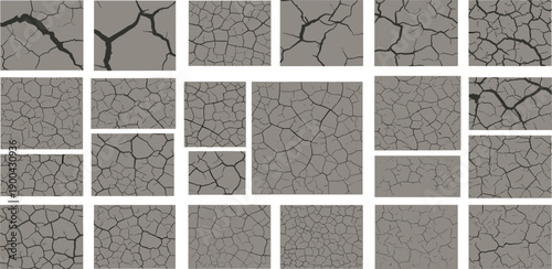 Collage of cracked earth textures in various gray shades arranged in a grid pattern viewed from directly above