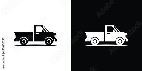 A black and white illustration of two pickup trucks on a split background