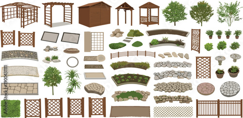 Collection of garden elements including trees, fences, and decorative structures from an overhead viewpoint