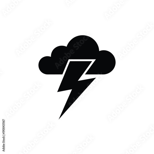 A black cloud with a lightning bolt symbol on a white background