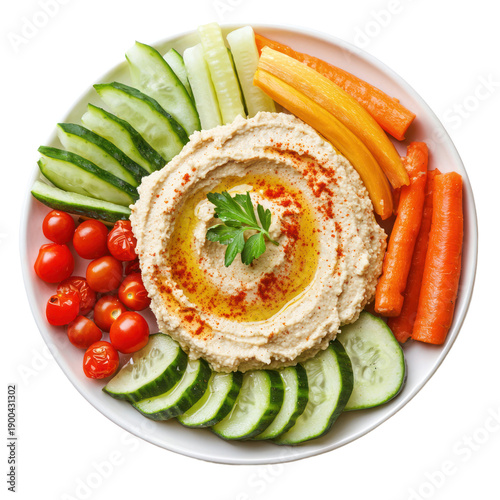 A close-up of hummus spread on a plate, surrounded by fresh vegetable slices. full length isolate on transparent background