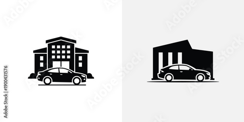 A black silhouette of a car parked in front of a modern building with columns