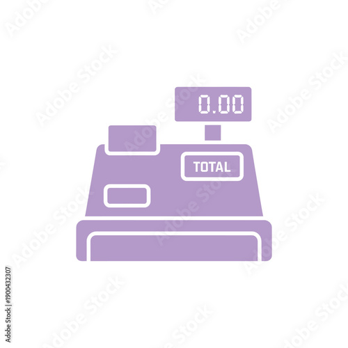 A purple cash register with a digital display showing zero dollars