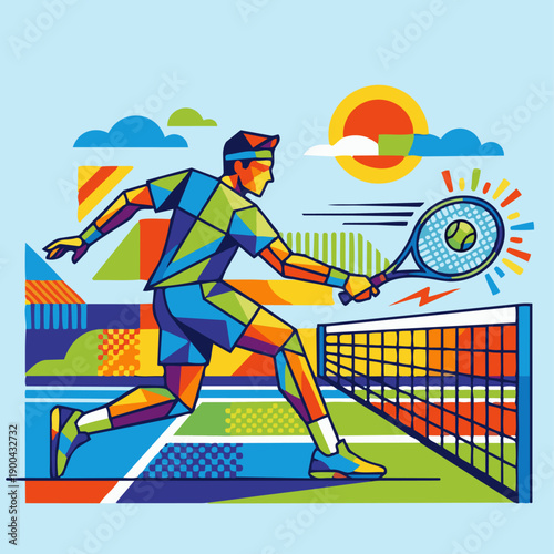 Tennis Player Serving

A flat vector illustration of a tennis player performing a powerful serve. Racket raised, ball in the air, tennis court background. 