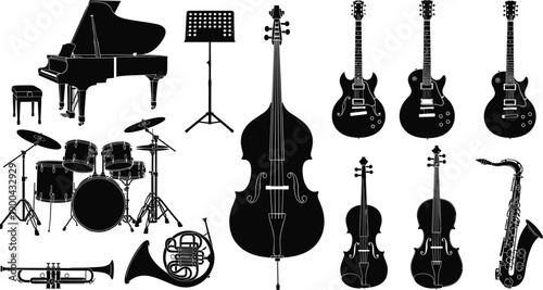 Musical instruments silhouette collection featuring piano guitars drums violin saxophone trumpet bass and orchestra equipment black white vector illustration set