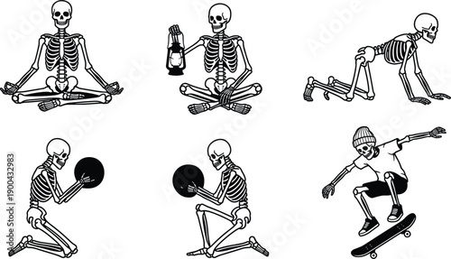 Bild auf Leinwand Skeleton character illustration set showing yoga meditation crawling lantern hol