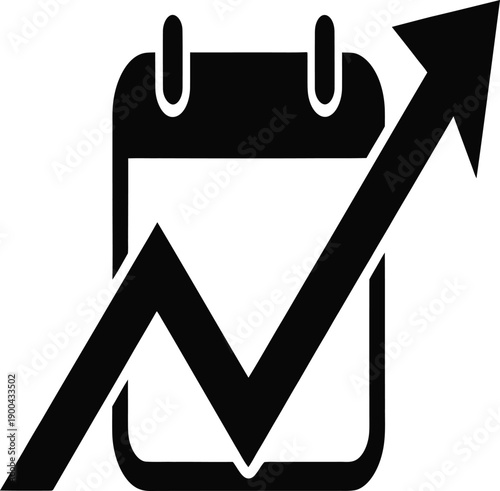 Black icon of a calendar with a checkmark and an arrow pointing up