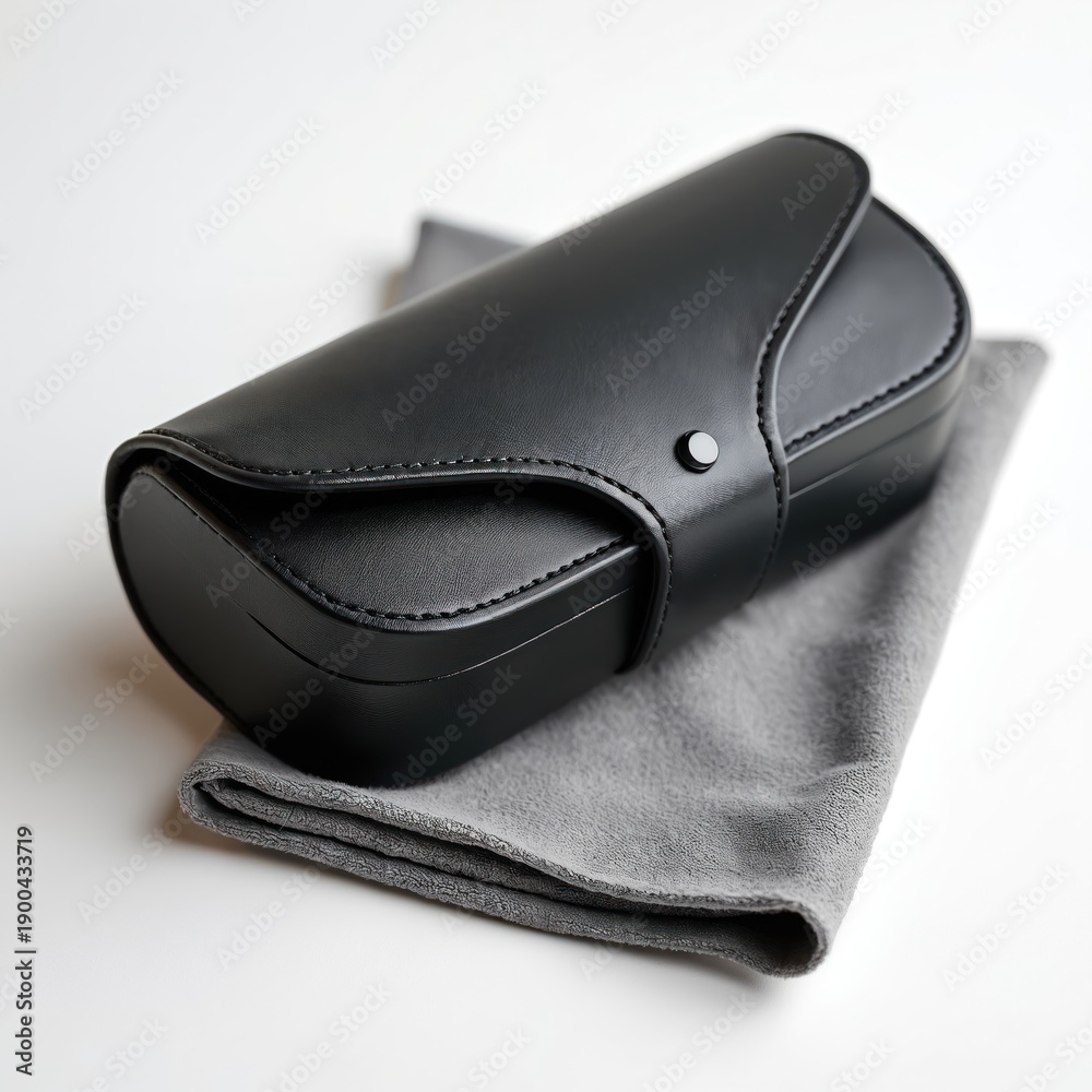 Naklejka premium Black leather glasses case with cleaning cloth rests on white surface. Hard protective eyewear accessory has snap closure. Clean lenses safe.