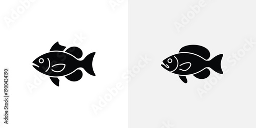 Two black fish swimming in opposite directions with white outlines on light gray background