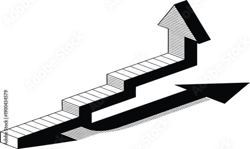 Black and white illustration of staircase with arrow pointing upwards and to the right