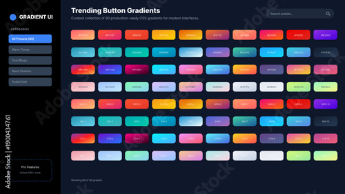 "A sleek and futuristic UI dashboard showcasing a curated collection of production-ready CSS button gradients. Set against a deep charcoal dark mode interface, the vibrant neon, pastel, and warm 