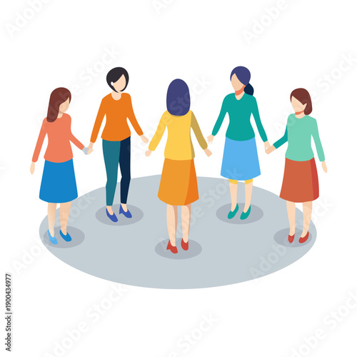 Five women stand in a circle and hold hands together. Strong females hold on to each other. Concept of girl power and empowerment feminist community or friends support. Vector illustration
