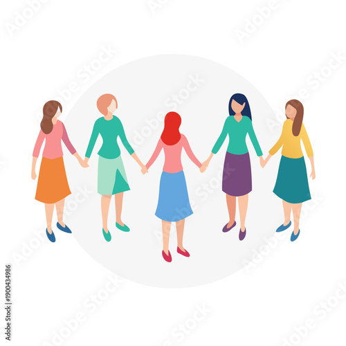 Five women stand in a circle and hold hands together. Strong females hold on to each other. Concept of girl power and empowerment feminist community or friends support. Vector illustration
