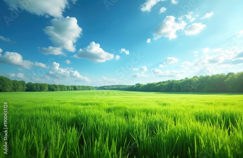 Vast green meadow under bright blue sky with scattered clouds. Rich grass stretches towards distant tree line. Ample open space for text and product placement.