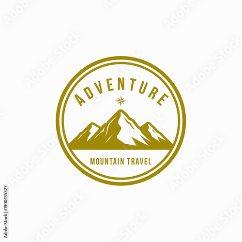 Adventure Mountain Range Star Gold Badge Travel Logo. Vector Logo Design.