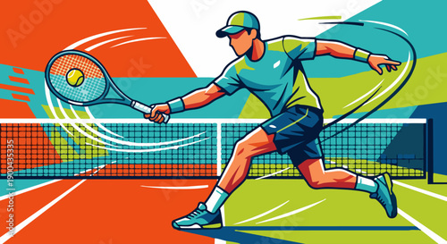 Tennis Player Forehand Shot

A flat vector illustration of a tennis player hitting a forehand shot. Dynamic posture, motion lines, net and court visible. Flat vector style, energetic sports action.