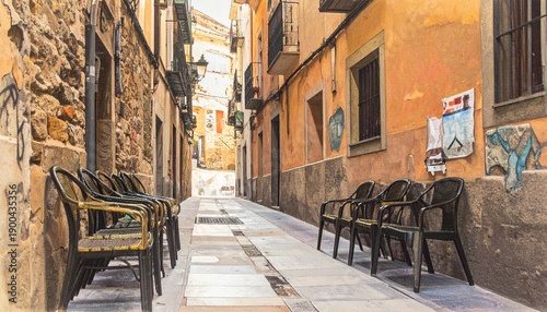 Empty street with colorful chairs and buildings