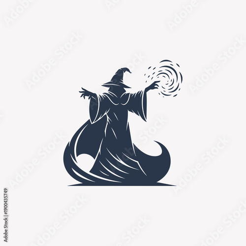 Wizard Casting Magic Orb Fantasy Sorcerer Logo. Vector Logo Design.
