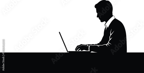 Business man silhouette working on laptop, focused professional typing at desk, modern office work isolated white background illustration concept, vector