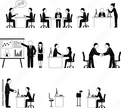 Business meeting silhouettes set, teamwork discussion, presentations, negotiations, office collaboration scenes isolated white background illustration concept, vector design collection icons
