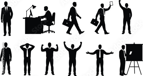 Business people silhouettes set, office work, success poses, presentation, walking executives, professional corporate actions isolated white background illustration concept vector