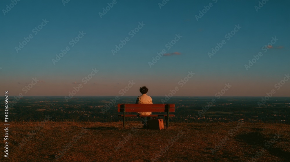 Obraz premium Man sitting on wooden bench with briefcase beside him, watching peaceful Limburg landscape in warm golden morning light under clear blue sky with soft clouds.