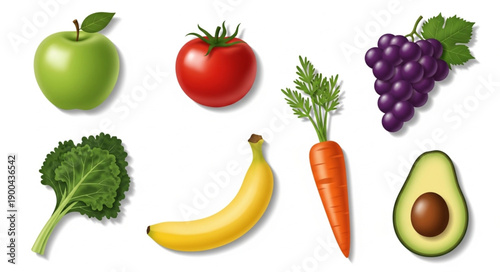 Assortment of Fresh Fruits and Vegetables on White Background.